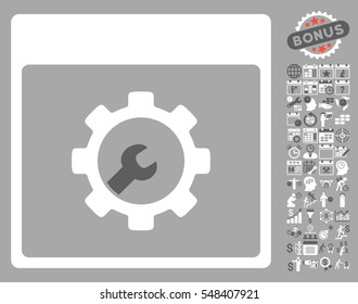 Setup Tools Calendar Page icon with bonus calendar and time management images. Vector illustration style is flat iconic symbols, dark gray and white, silver background.