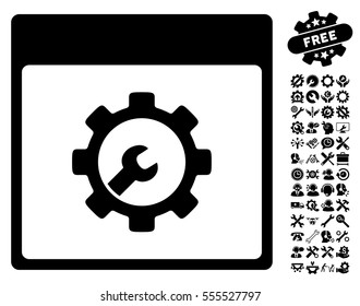Setup Tools Calendar Page icon with bonus service graphic icons. Vector illustration style is flat iconic symbols, black, white background.