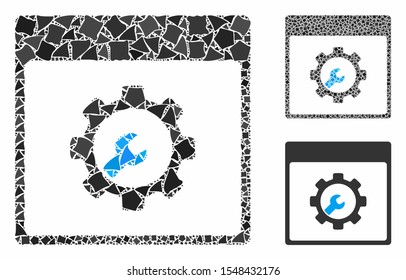 Setup tools calendar page mosaic of bumpy elements in variable sizes and color tones, based on setup tools calendar page icon. Vector bumpy items are composed into mosaic.