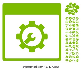 Setup Tools Calendar Page pictograph with bonus setup tools icon set. Vector illustration style is flat iconic symbols, eco green, white background.