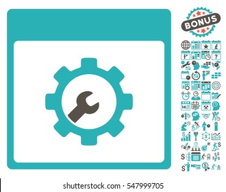 Setup Tools Calendar Page pictograph with bonus calendar and time management pictograms. Vector illustration style is flat iconic symbols, grey and cyan, white background.