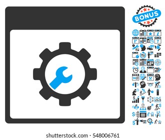 Setup Tools Calendar Page pictograph with bonus calendar and time management symbols. Vector illustration style is flat iconic symbols, blue and gray, white background.