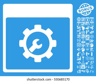 Setup Tools Calendar Page pictograph with bonus calendar and time management pictograms. Vector illustration style is flat iconic symbols, white, blue background.