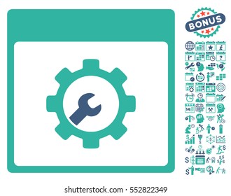 Setup Tools Calendar Page pictograph with bonus calendar and time management graphic icons. Vector illustration style is flat iconic symbols, cobalt and cyan, white background.