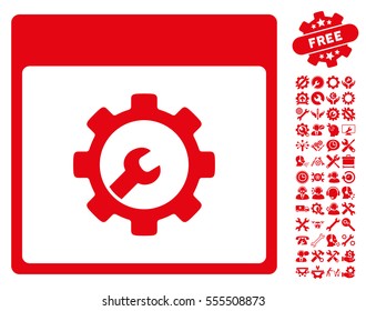 Setup Tools Calendar Page pictograph with bonus settings symbols. Vector illustration style is flat iconic symbols, red, white background.