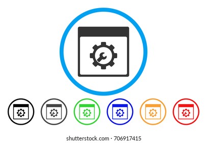 Setup Tools Calendar Page vector rounded icon. Image style is a flat gray icon symbol inside a blue circle. Bonus color variants are gray, black, blue, green, red, orange.