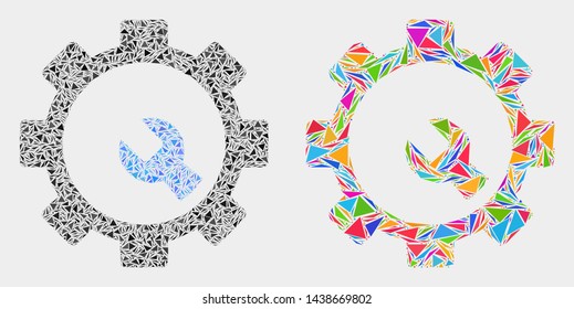 Setup tools collage icon of triangle elements which have different sizes and shapes and colors. Geometric abstract vector illustration of setup tools.