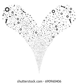 Setup Tools explosive stream. Vector illustration style is flat black iconic setup tools symbols on a white background. Object fountain done from random design elements.
