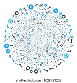 Setup Tools fireworks globula. Object pattern done from random setup tools pictographs as exploding sphere. Vector illustration style is flat iconic symbols.