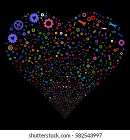 Setup Tools fireworks with heart shape. Vector illustration style is flat bright multicolored iconic symbols on a black background. Object valentine heart done from confetti icons.