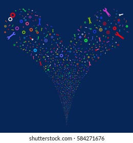 Setup Tools fireworks stream. Vector illustration style is flat bright multicolored iconic symbols on a blue background. Object double fountain created from random design elements.