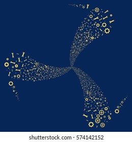 Setup Tools fireworks swirl rotation. Vector illustration style is flat yellow iconic symbols on a blue background. Object whirl made from random design elements.