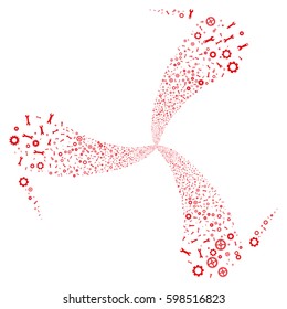 Setup Tools fireworks swirl rotation. Vector illustration style is flat red iconic symbols on a white background. Object whirl constructed from random pictograms.