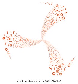 Setup Tools fireworks swirl rotation. Vector illustration style is flat orange iconic symbols on a white background. Object twirl organized from random pictographs.