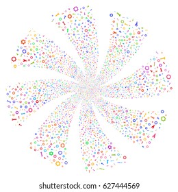 Setup Tools fireworks swirl rotation. Vector illustration style is flat bright multicolored iconic symbols on a white background. Object spiral made from random symbols.