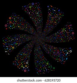 Setup Tools fireworks swirl rotation. Vector illustration style is flat bright multicolored iconic symbols on a black background. Object whirlpool created from random pictograms.