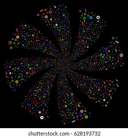 Setup Tools fireworks swirl rotation. Vector illustration style is flat bright multicolored iconic symbols on a black background. Object whirlpool made from random pictograms.