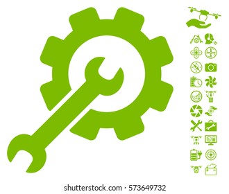 Setup Tools icon with bonus flying drone service pictures. Vector illustration style is flat iconic symbols on white background.