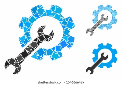 Setup tools mosaic of rough parts in various sizes and color tints, based on setup tools icon. Vector tremulant parts are organized into collage. Setup tools icons collage with dotted pattern.