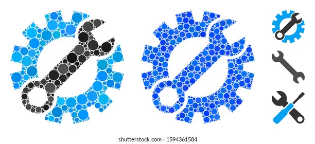 Setup tools mosaic of spheric dots in various sizes and color tinges, based on setup tools icon. Vector dots are combined into blue illustration. Dotted setup tools icon in usual and blue versions.