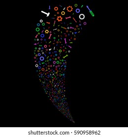 Setup Tools random fireworks stream. Vector illustration style is flat bright multicolored iconic symbols on a black background. Object fountain done from scattered icons.