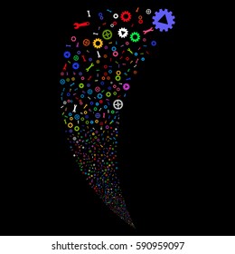 Setup Tools random fireworks stream. Vector illustration style is flat bright multicolored iconic symbols on a black background. Object fountain created from scattered icons.
