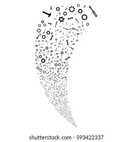 Setup Tools random fireworks stream. Vector illustration style is flat black iconic symbols on a white background. Object fountain created from scattered pictograms.