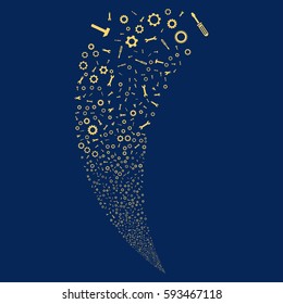 Setup Tools random fireworks stream. Vector illustration style is flat yellow iconic symbols on a blue background. Object fountain made from scattered pictographs.