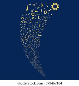 Setup Tools random fireworks stream. Vector illustration style is flat yellow iconic symbols on a blue background. Object fountain made from scattered pictograms.