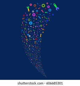 Setup Tools random fireworks stream. Vector illustration style is flat bright multicolored iconic symbols on a blue background. Object fountain constructed from scattered symbols.