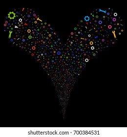 Setup Tools salute stream. Vector illustration style is flat bright multicolored iconic setup tools symbols on a black background. Object fountain done from random pictograms.