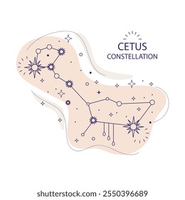 Setus or whale constellation of stars of the northern hemisphere on a white background. Mystical esoteric boho design for fabric design, tarot, astrology, wrapping paper. Vector illustration.