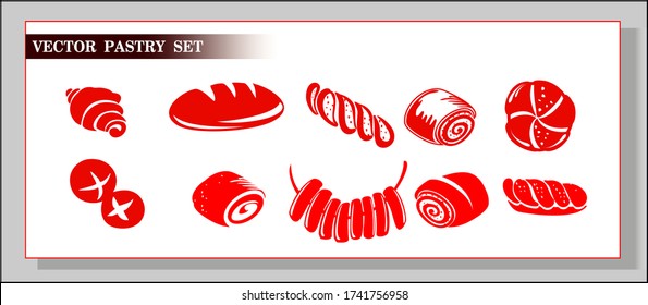 Set.Vector silhouettes of donut, roll, croissant, buns.Bundt Cake.Sweet Muffin.Croissant.Roll with  icing.Pastry.Poppy seed bun.Butter roll.Confectionery.Cupcake.Sweet Pastries Isolated.