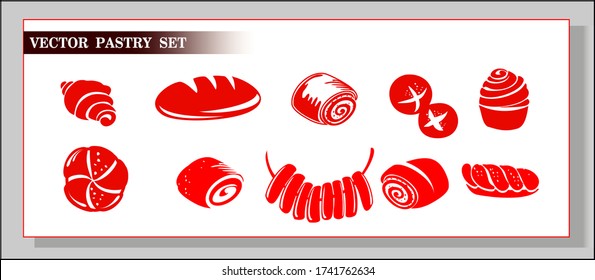 Set.Vector silhouettes of donut, roll, croissant, buns.Bundt Cake.Sweet Muffin.Croissant.Roll with  icing.Pastry.Poppy seed bun.Butter roll.Confectionery.Cupcake.Sweet Pastries Isolated.