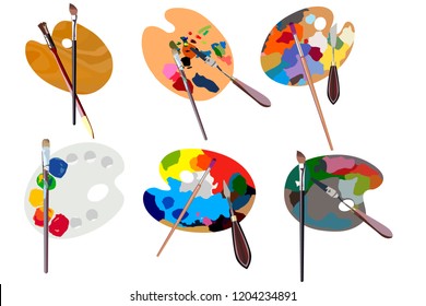 Set.Wooden palette for oil paints with tassels and palette-knife isolated on a white background. View from above. Vector