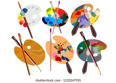 Set.Wooden palette for oil paints with tassels and palette-knife isolated on a white background. View from above. Vector