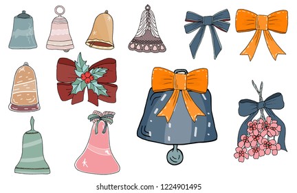 Sety cosy vector illustration elements - bells, bows, mistletoe. Isolated on white background. 