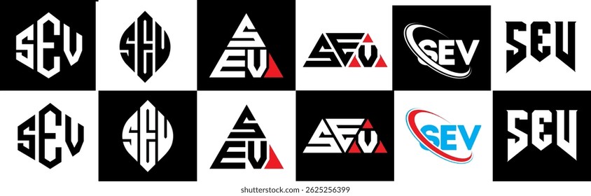 SEV letter logo design in six style. SEV polygon, circle, triangle, hexagon, flat and simple style with black and white color variation letter logo set in one artboard. SEV minimalist and classic logo