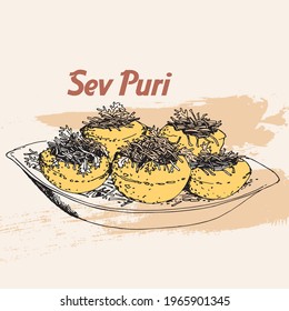 Sev puri vector illustration. Hand drawn Indian food.
