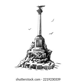 Sevastopol city symbol: Monument to the scuttled ships. Sketch. Drawing for souvenirs. Crimean War.