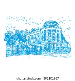 Sevastyanov House (also known as the House of Trade Unions) in Ekaterinburg, Russia. The most famous architectural building in historical centre. Sketch by hand. Vector illustration