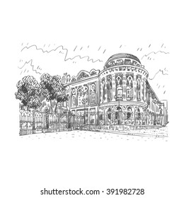 Sevastyanov House (also known as the House of Trade Unions) in Yekaterinburg, Russia. The most famous architectural building in historical centre. Sketch by hand. Vector illustration