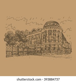 Sevastyanov House (also known as the House of Trade Unions) in Ekaterinburg, Russia. The most famous architectural building in historical centre. Sketch by hand. Vector illustration