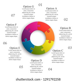 Seve sided 3d round puzzle presentation. Abstract puzzle infographic template explanatory text field for business statistics. Vector 7 pieces puzzles illustration. Section seven compare service banner