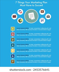 Sieben 7 Dinge des Marketing-Pakets müssen erfolgreich Vorlage Design mit verschiedenen Icons und Text