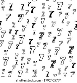 Seven, 7. Vector seamless pattern with hand drawn numbers elements. Memphis geometric outline trendy modern style. 