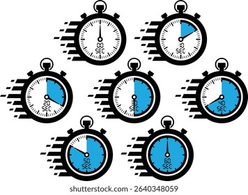 Seven animated stopwatches depict a progression of time from 0 to 60 seconds, each with a blue fill indicating the elapsed duration, surrounded by motion lines