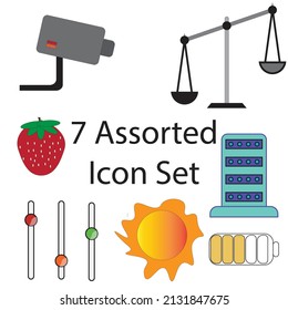 Siete iconos variados para gráficos . El conjunto de ilustraciones incluye cctv, straberry, balance, servidor de computadora, ecualizador, sun , señal de batea móvil - vector 