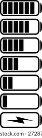 Seven battery level indicators with different charge levels in a row