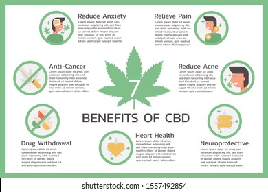 seven benefits of CBD or Cannabidiol, Cannabis infographic information concept, hemp. flat symbol icon vector illustration design.